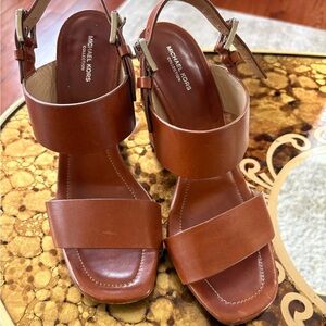 Michael Kors Cognac Leather Block Heel Sandals